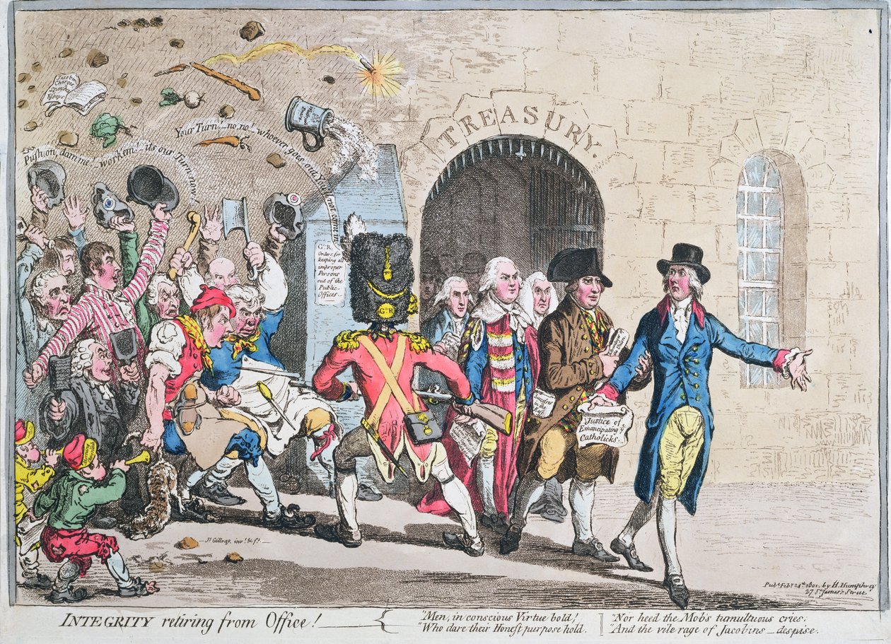 Integrity Retiring from Office, udgivet af Hannah Humphrey i 1801 (håndkoloreret radering med akvatint) af James Gillray