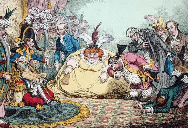 Introduktion af Citizen Volpone & his Suite at Paris, udgivet af Hannah Humphrey i 1802 (håndkoloreret radering) af James Gillray