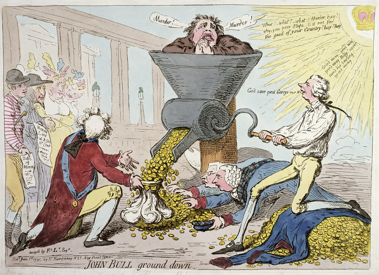 John Bull Ground Down, udgivet af Hannah Humphrey i 1795 (håndfarvet radering) af James Gillray