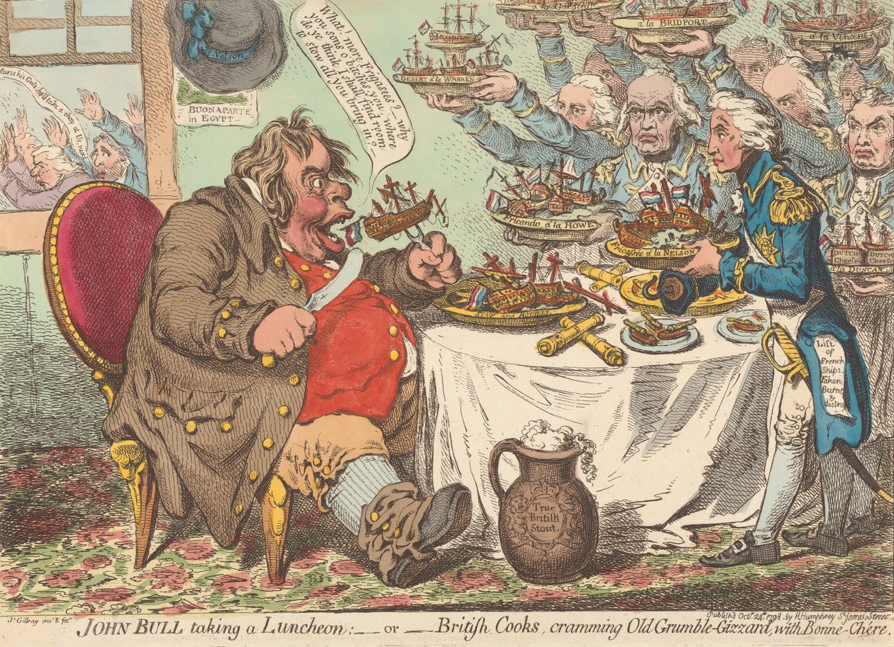 John Bull spiser frokost - eller - Britiske kokke propper den gamle Brokke-Mave med god mad (fra: Caricature, bd. 1) af James Gillray