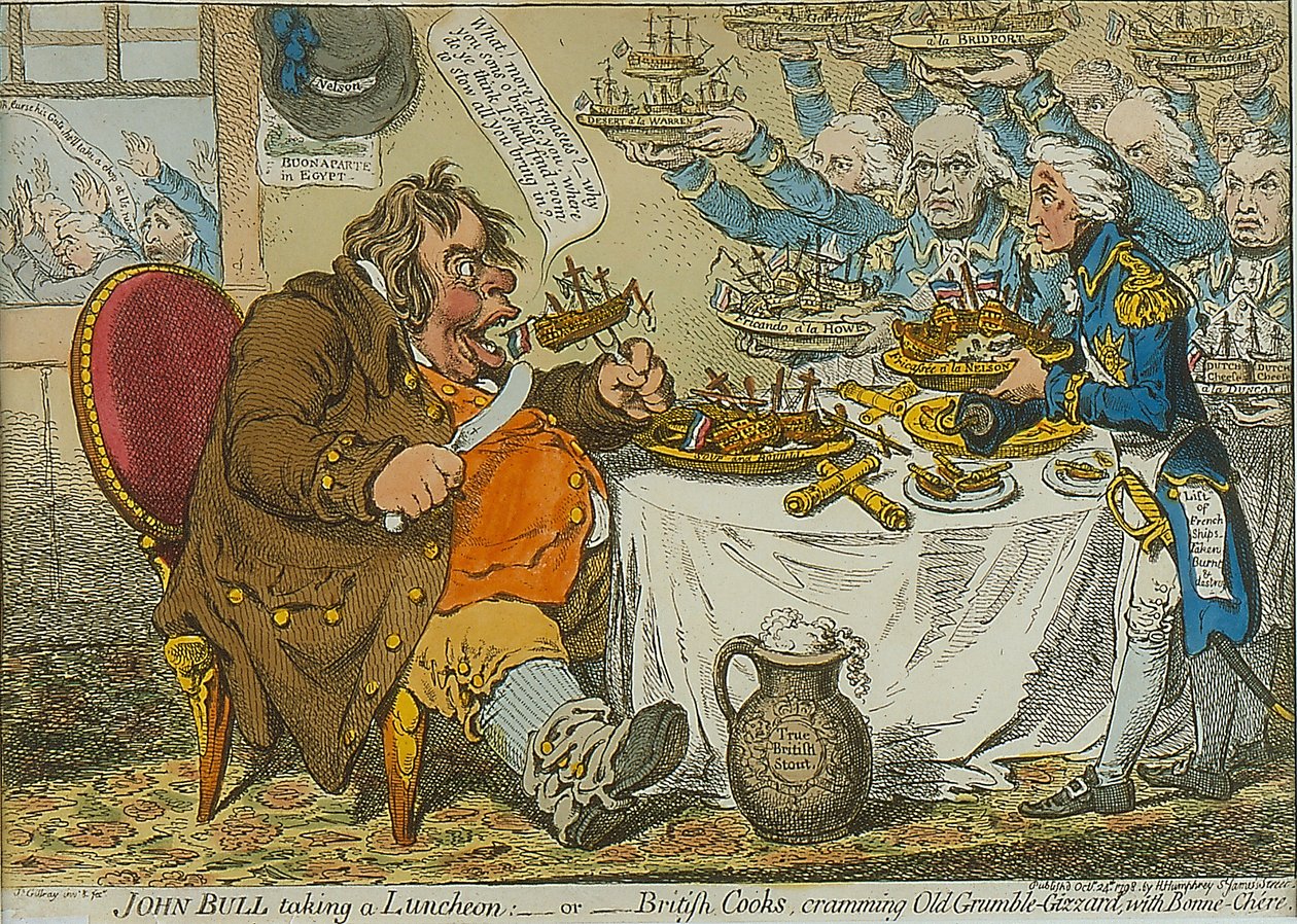 John Bull Taging a Luncheon, 1798 (farvet radering) af James Gillray