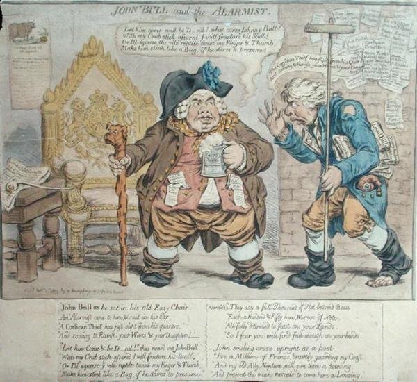 John Bull and the Alarmist, udgivet af Hannah Humphrey i 1803 (håndfarvet radering) af James Gillray