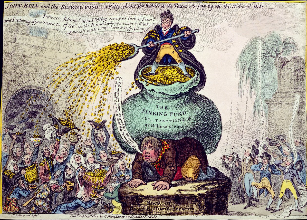 John Bull and the Sinking Fund eller A Pretty Scheme for Reducing Taxes and Paying off the National Debt, udgivet af Hannah Humphrey i 1807 (håndfarvet radering) af James Gillray
