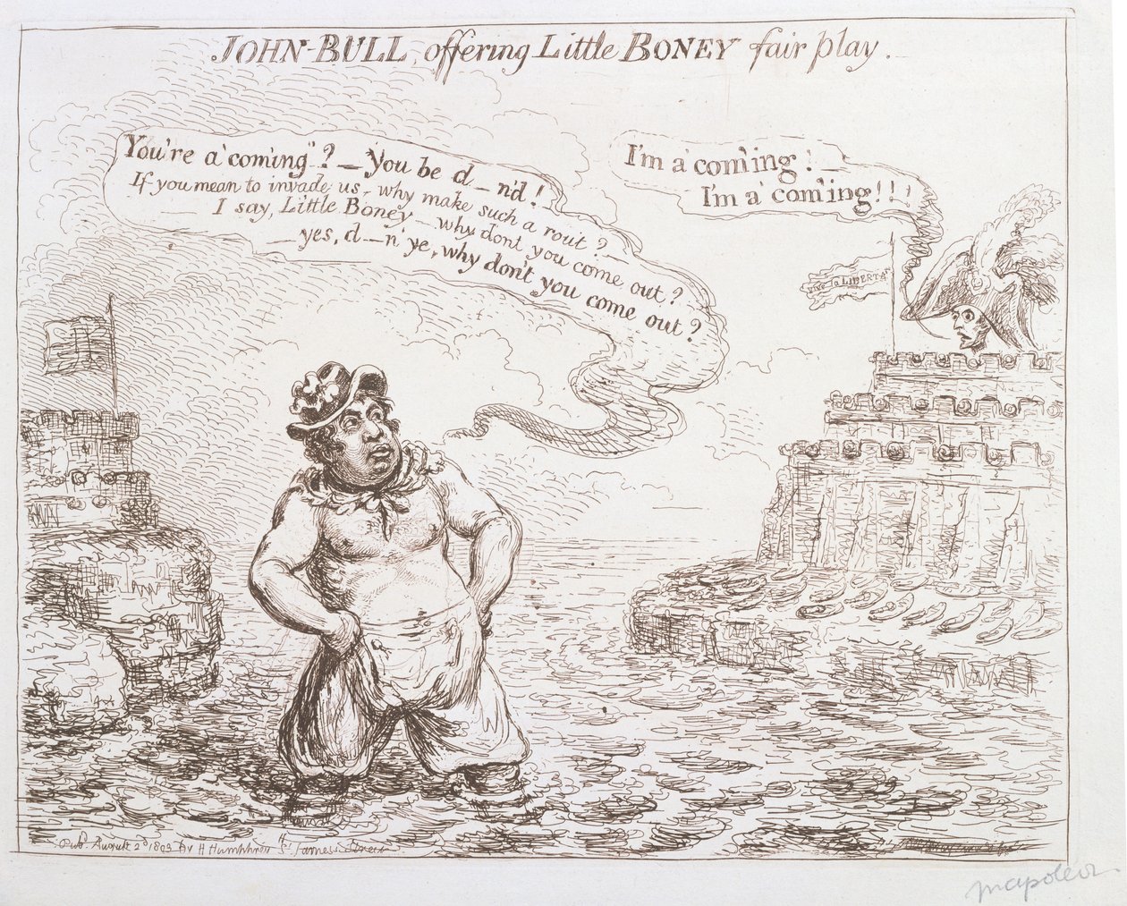 John Bull tilbyder Little Boney fair play, udgivet af Hannah Humphrey i 1803 af James Gillray