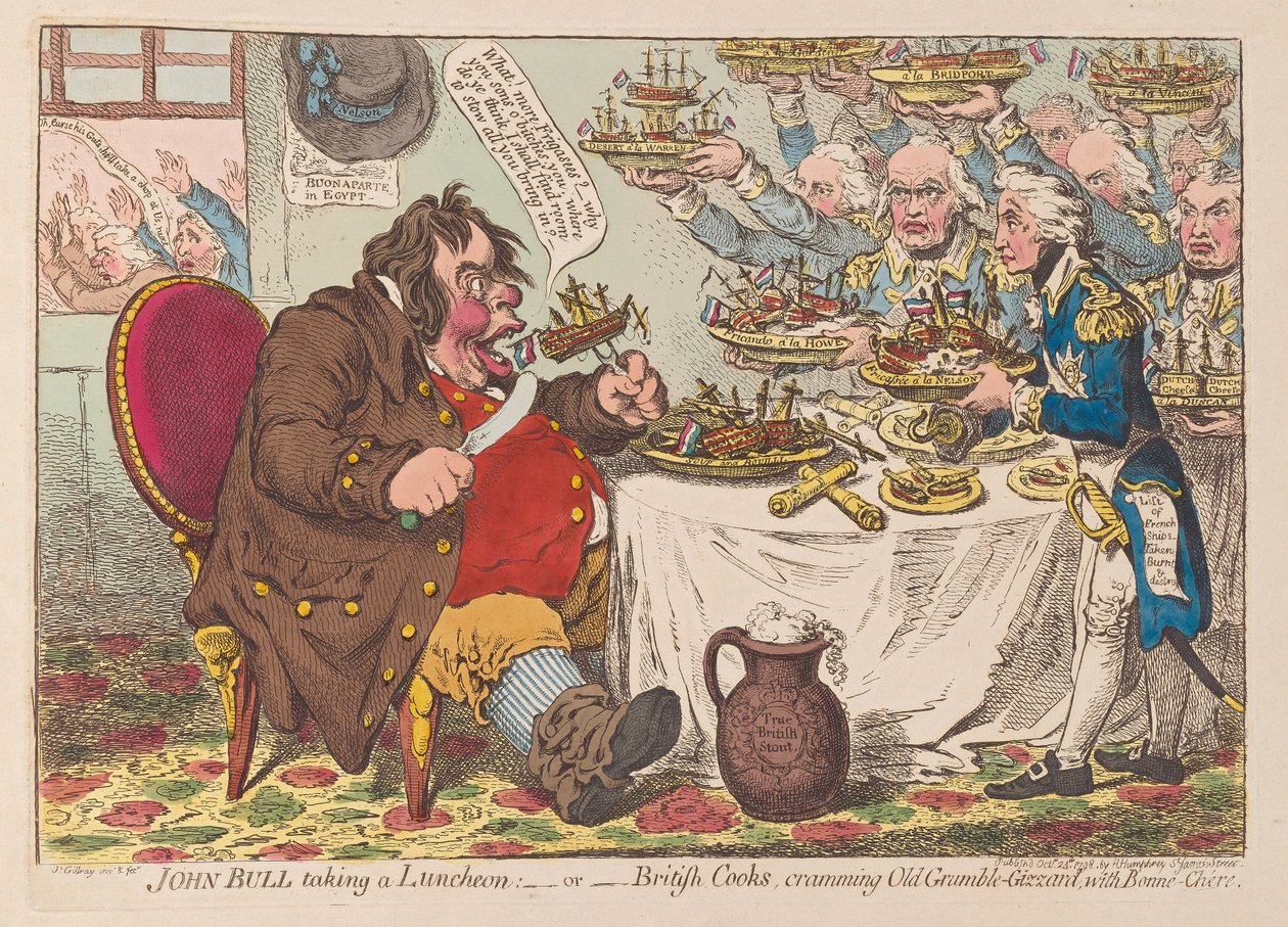 John Bull taking Luncheon or British Cooks cramming Old Grumble Gizzard with Bonne Chere, pub 1798 (håndkoloreret gravering) af James Gillray