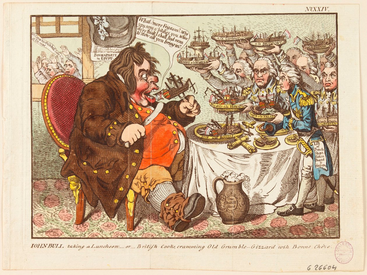 John Bull spiser frokost: eller britiske kokke, der propper den gamle brokkemager med lækkerier af James Gillray