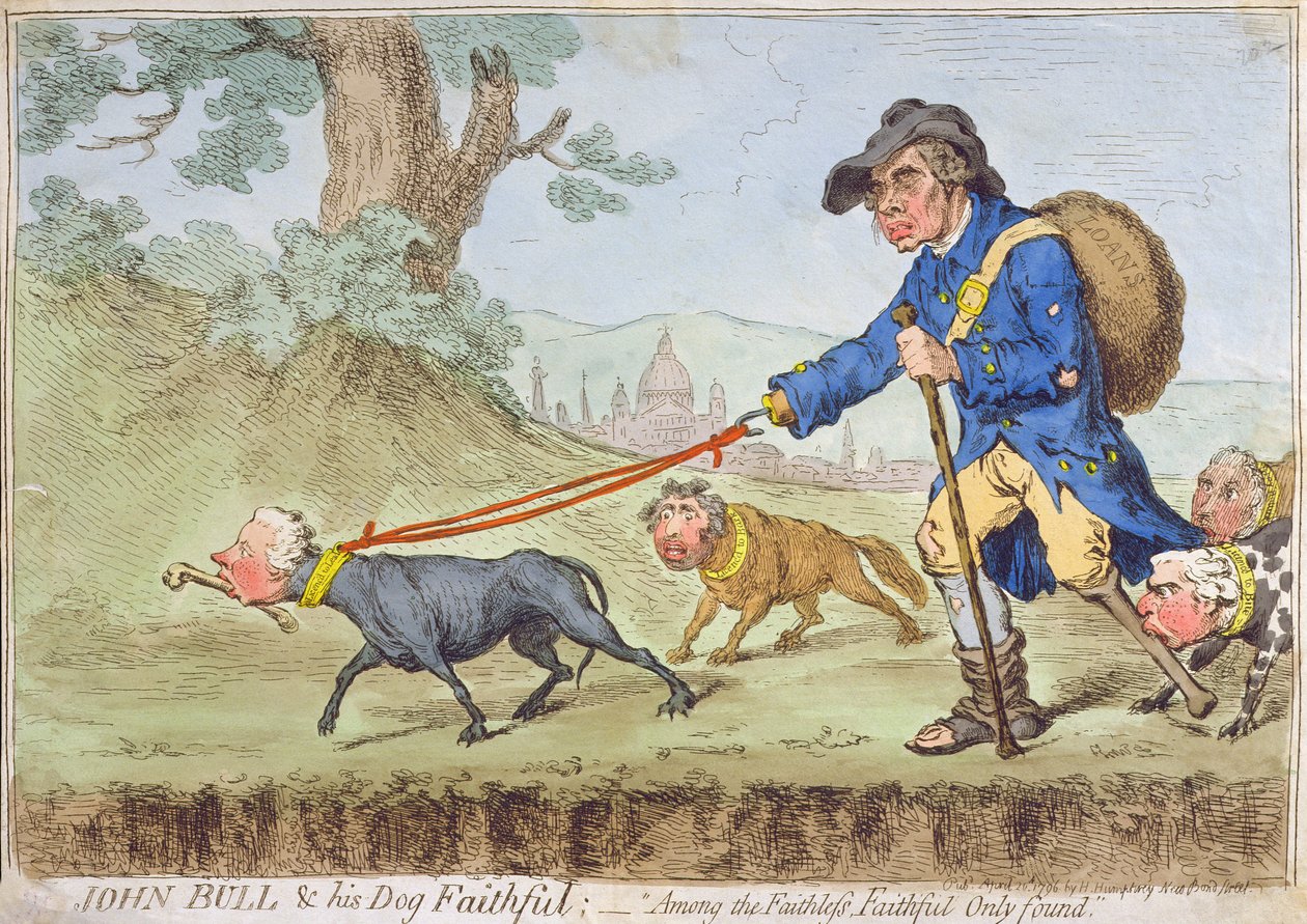 John Bull og hans hund Faithful, udgivet af Hannah Humphrey i 1796 (håndkoloreret radering) af James Gillray