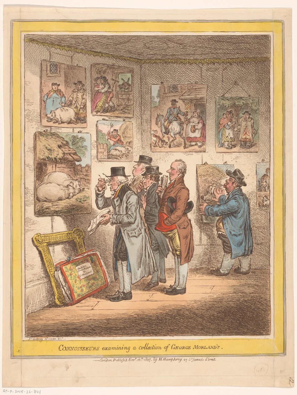 Kunstkendere ser malerier af George Morland Kendere, der undersøger en samling af George Morlands (titel på objekt) af James Gillray