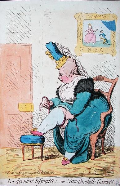 La Derniere Resource, eller Van Buchells Garters, udgivet af Hannah Humphrey i 1791 (håndfarvet radering) af James Gillray