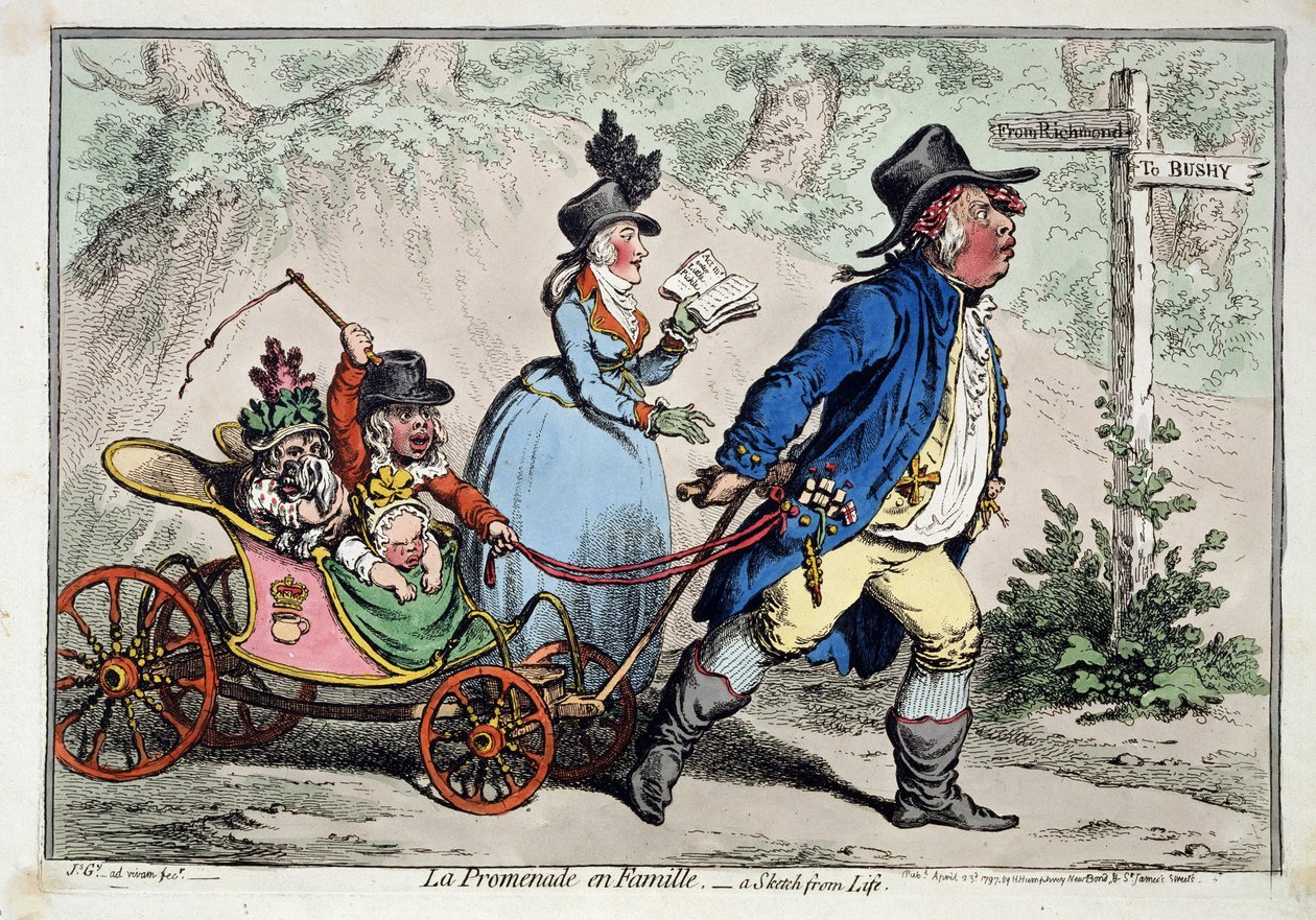 ""Familievandringen"" Karikatursk portræt af en engelsk borgerlig familie. Tegning og akvarel af James Gillray (1757-1815) 1797 Pushkin Museum, Moskva af James Gillray