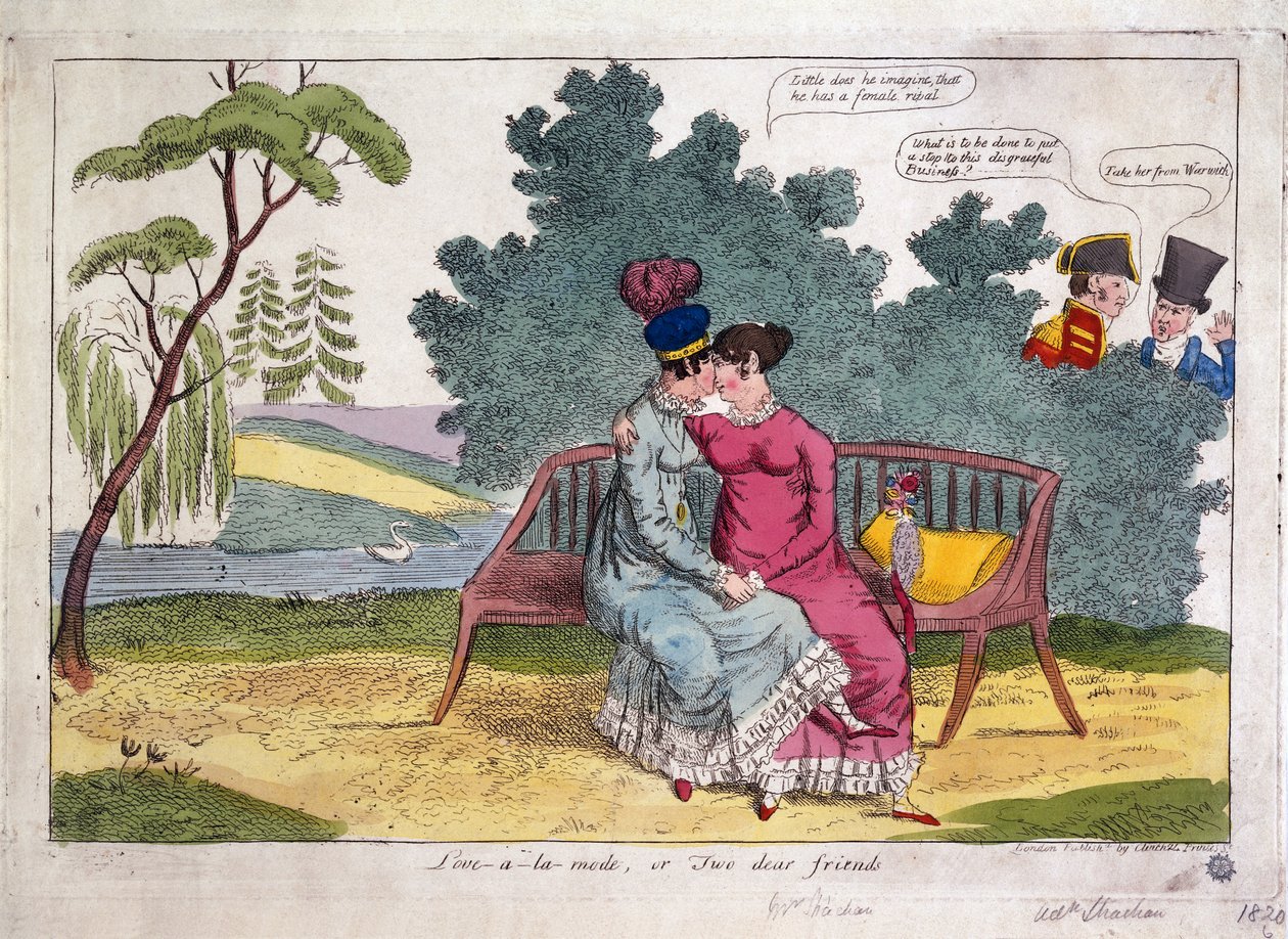 Lady Strachan og Lady Warwick elsker i en park, mens deres mænd ser misbilligende til. af James Gillray