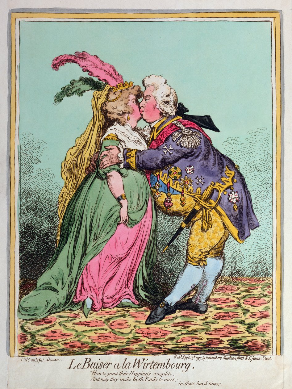 Le Baiser a la Wirtembourg, udgivet af Hannah Humphrey i 1797 (håndkoloreret radering) af James Gillray