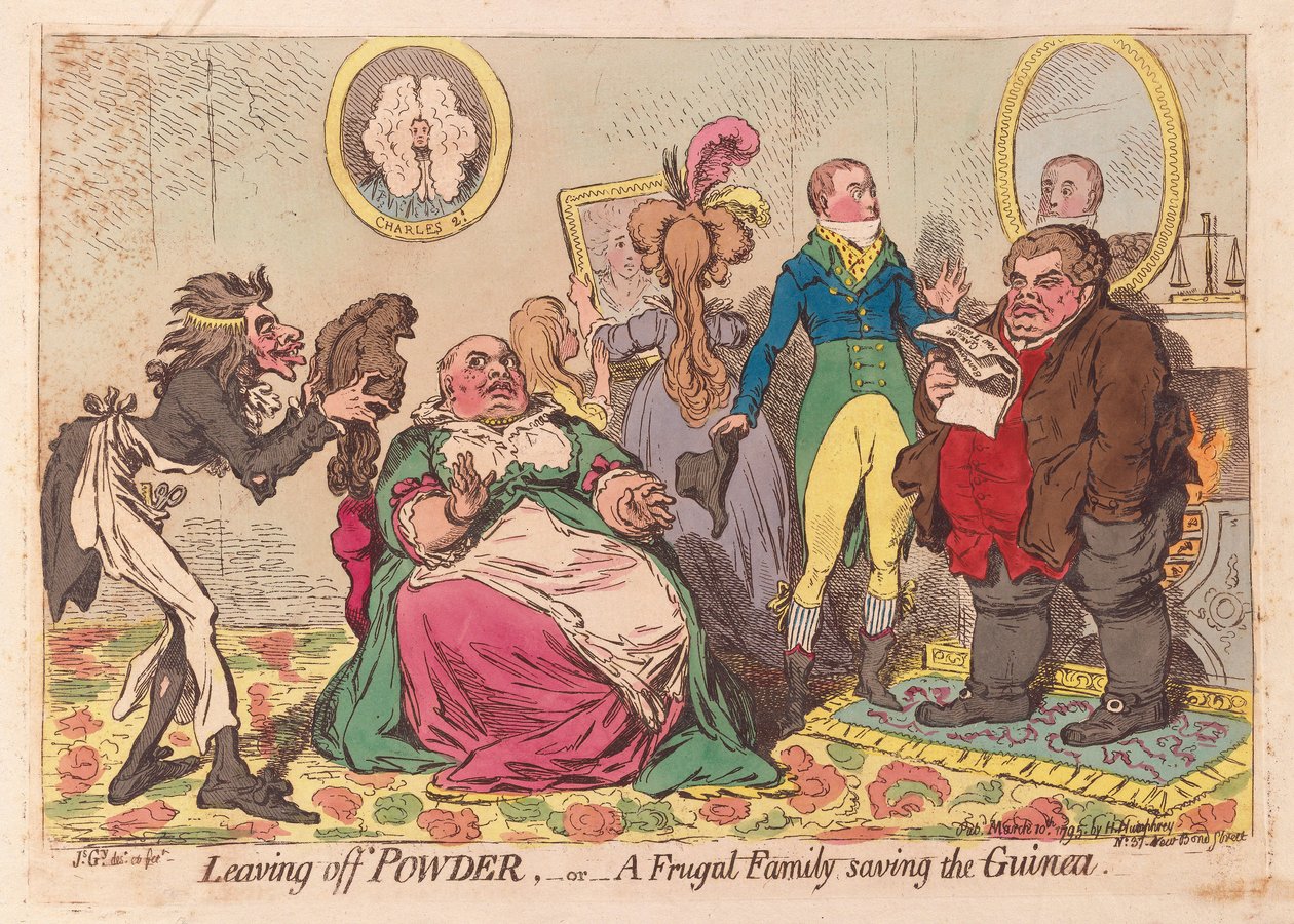 Leaving off Powder, eller en sparsommelig familie, der redder Guinea, pub.1795 (håndfarvet gravering) af James Gillray