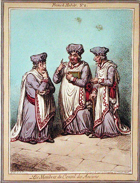 Les Membres du Conseil des Anciens, planche 2 fra "French Habits", udgivet af Hannah Humphrey i 1798 (farvet radering) af James Gillray