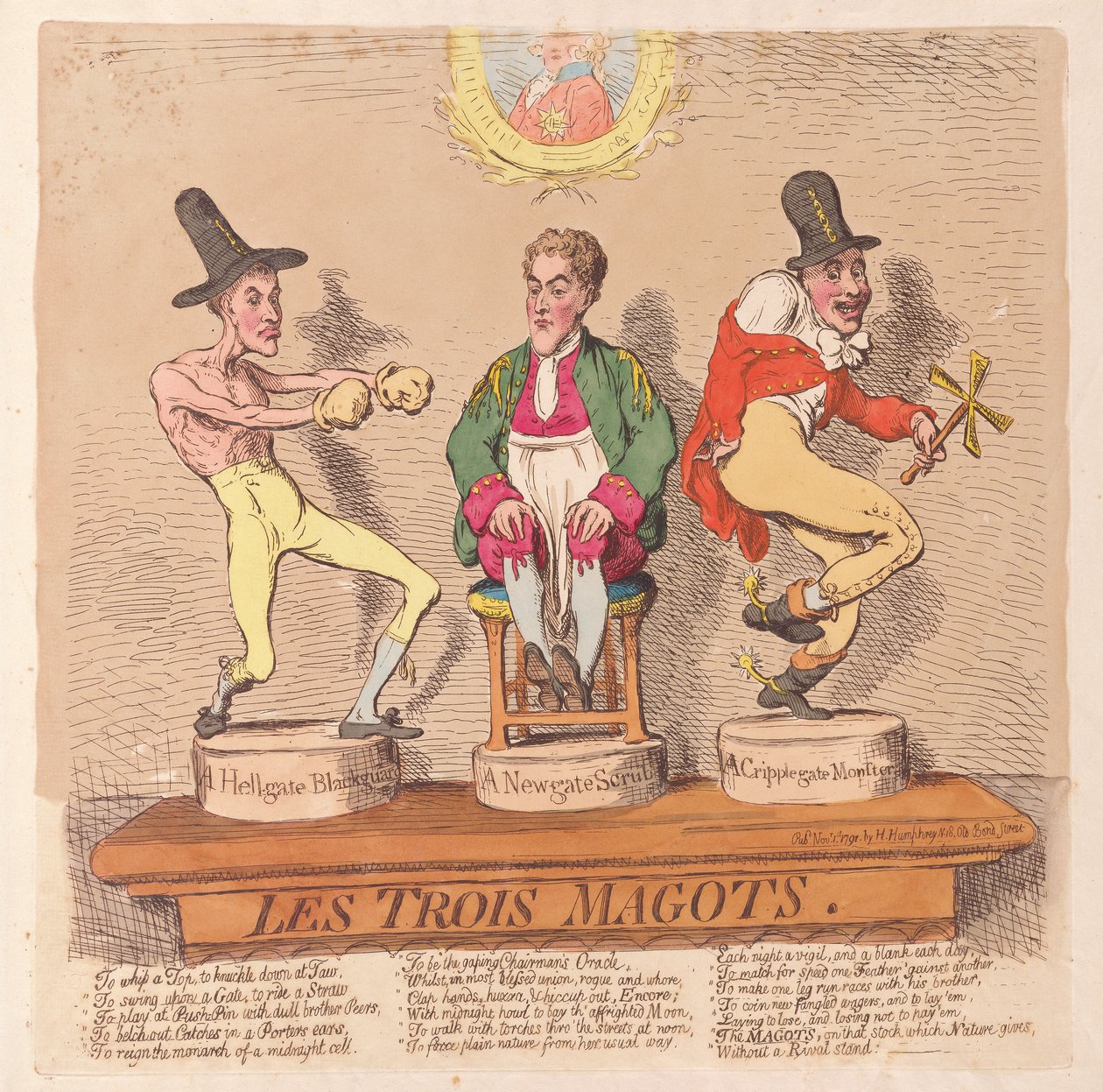Les Trois Magots, pub. 1791 (håndfarvet gravering) af James Gillray