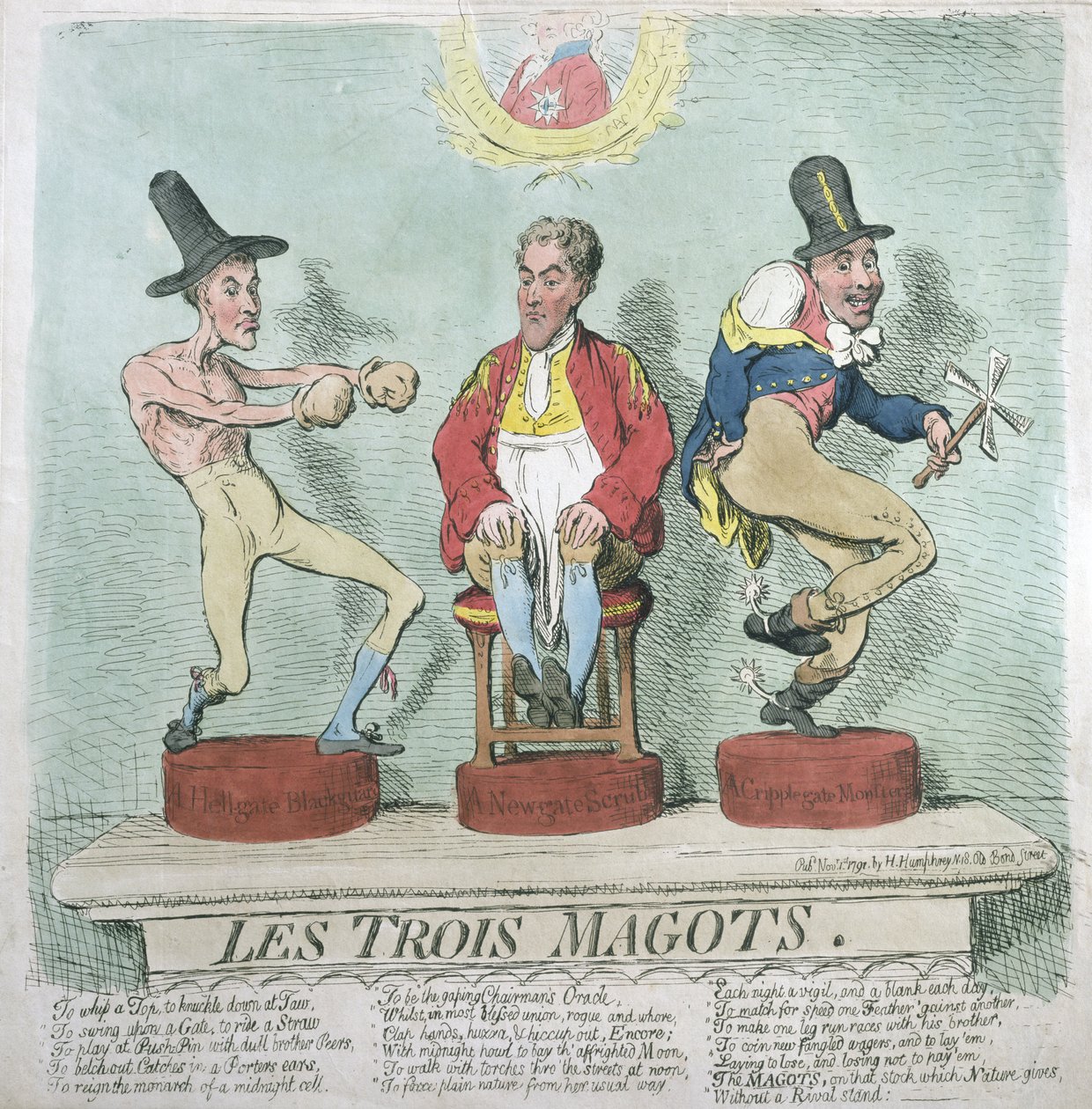 Les Trois Magots, udgivet af Hannah Humphrey i 1791 (håndfarvet radering) af James Gillray