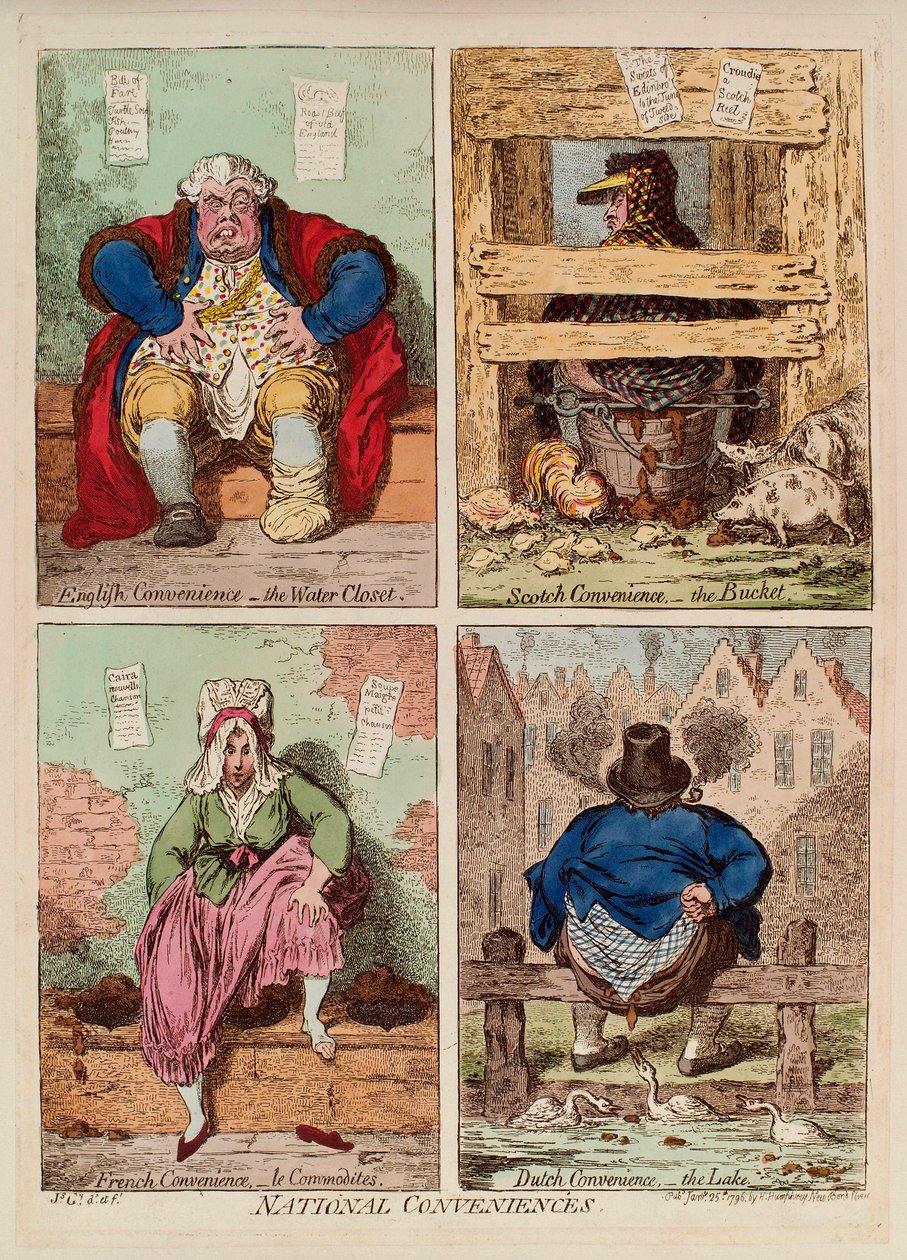Nationale faciliteter. (beskrivelse og sammenligning af toiletter i England, Skotland, Frankrig og Holland). Værk af James Gillray (1757-1815), gravering og akvarel af James Gillray