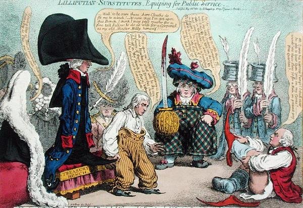 Lilliputian-Substitutes, Equipping for Public Service, udgivet af Hannah Humphrey i 1801 (håndfarvet radering) af James Gillray