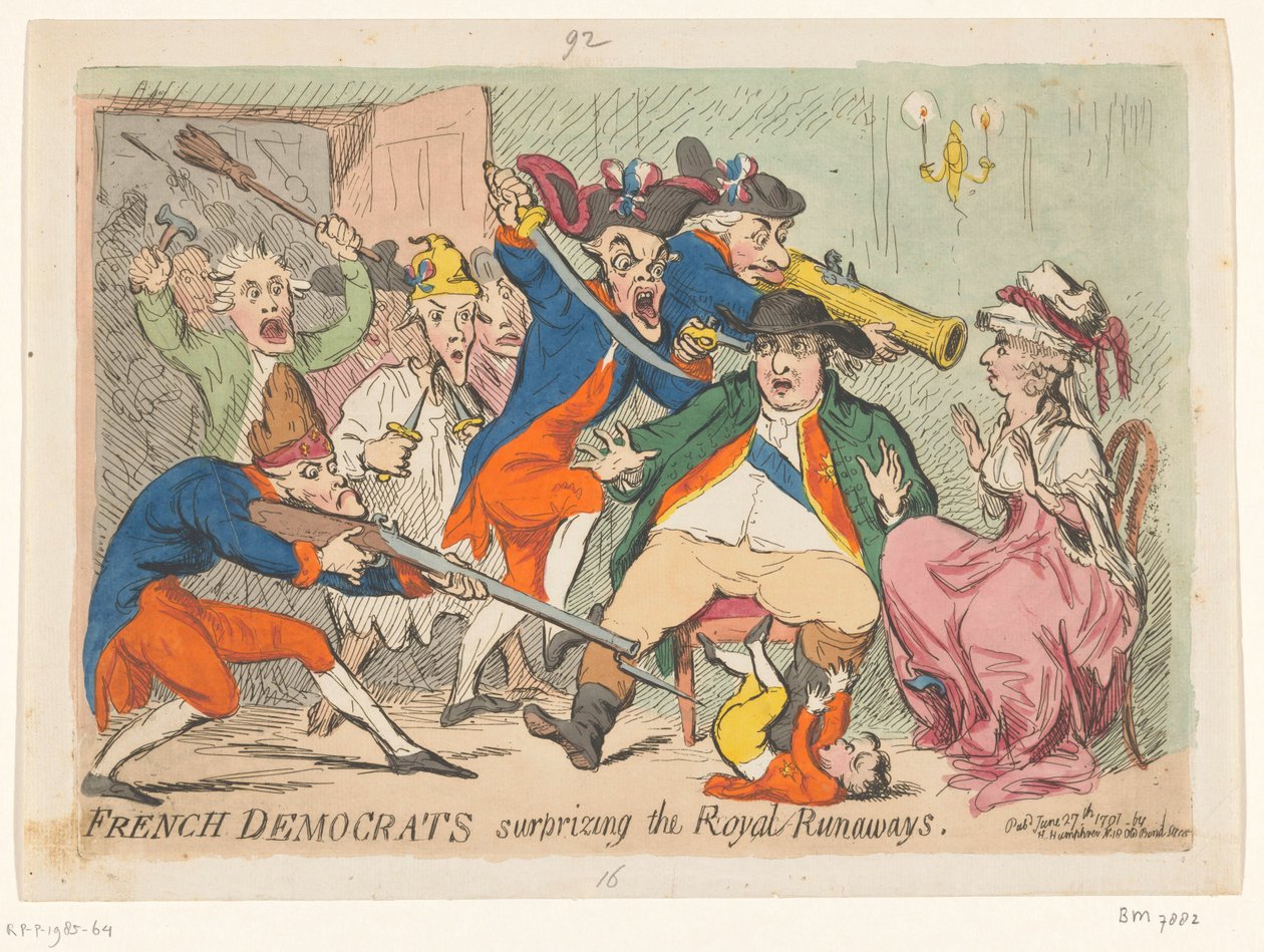 Ludvig XVI og Marie Antoinette fanget på flugt, 1791 Franske demokrater overrasker Royal Runaways af James Gillray