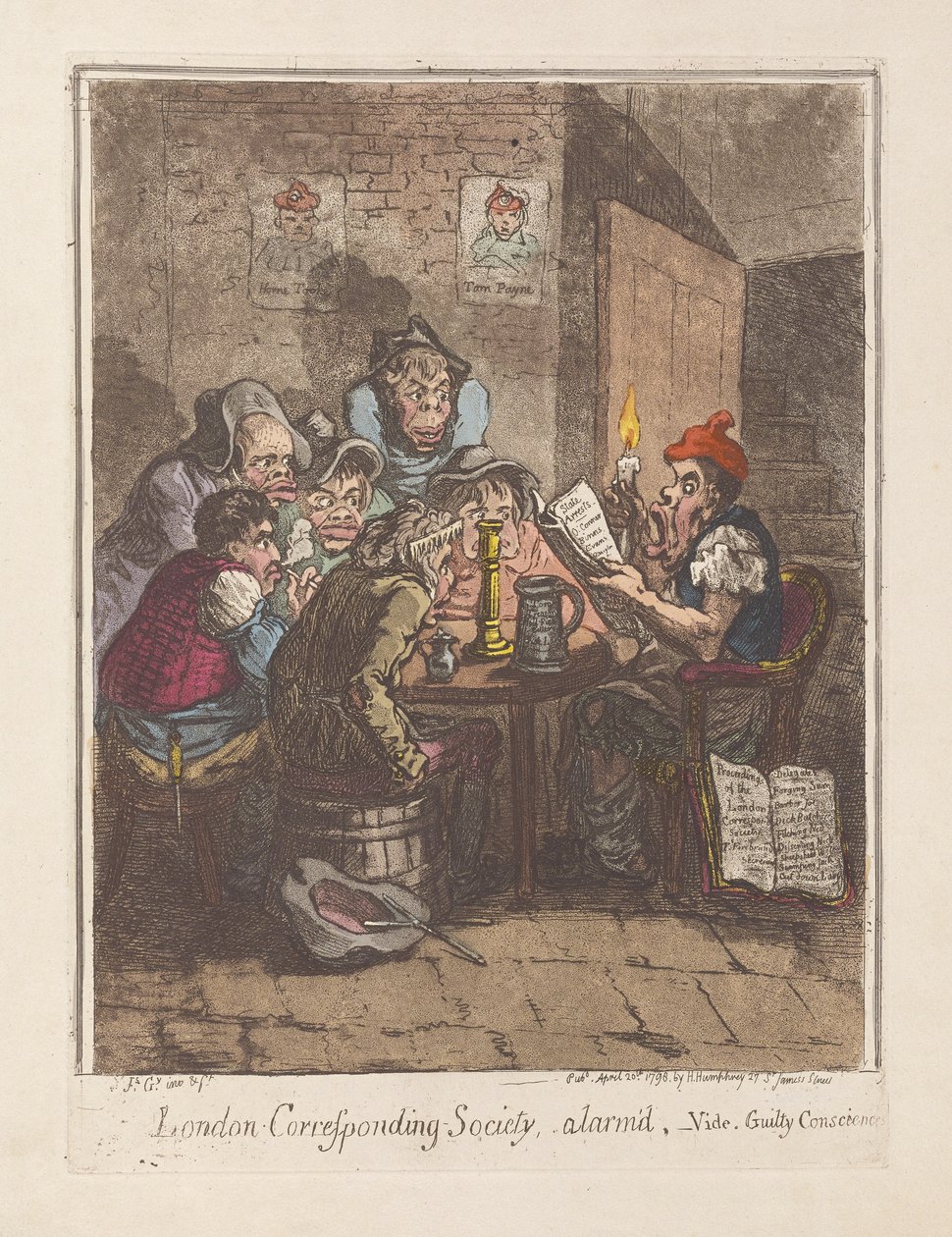 London Corresponding Society, alarmeret, vide. Guilty Consciences, pub. 1796 (håndfarvet gravering) af James Gillray