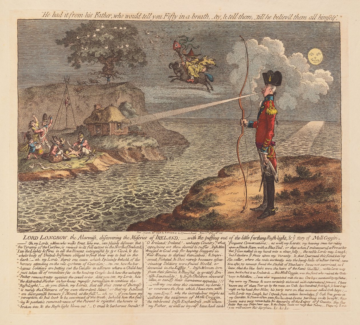 Lord Longbow, alarmisten, opdager Irlands elendighed, pub. 1798 (håndfarvet gravering) af James Gillray