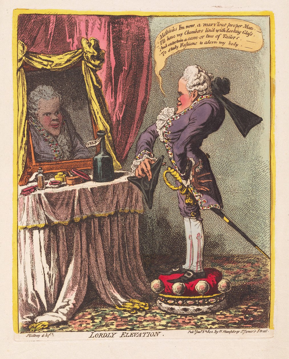 Lordly Elevation, pub. 1802 (håndfarvet gravering) af James Gillray