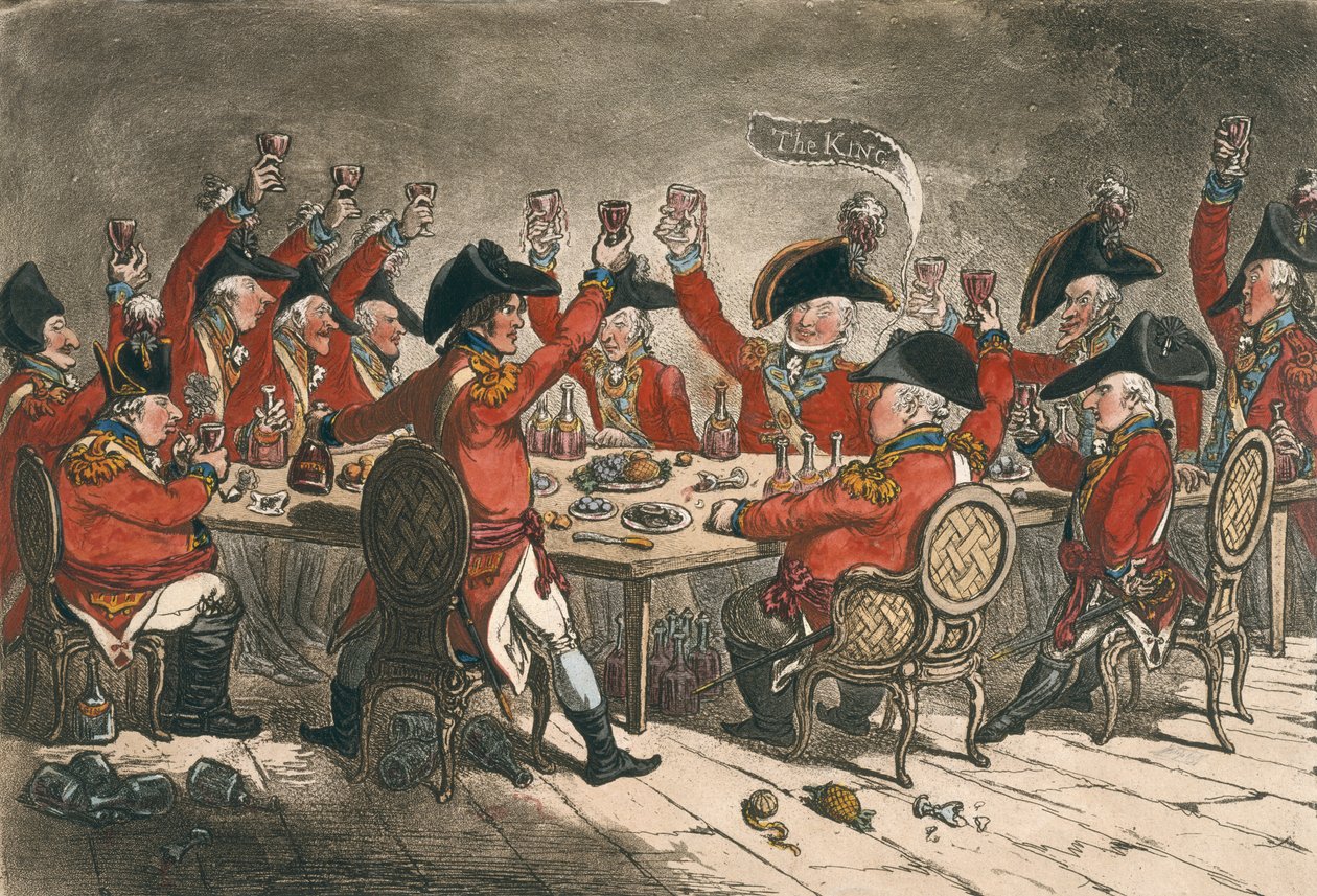 Loyal Souls, or A Peep into the Mess Room at St. James, udgivet af Hannah Humphrey i 1797 (håndfarvet radering) af James Gillray