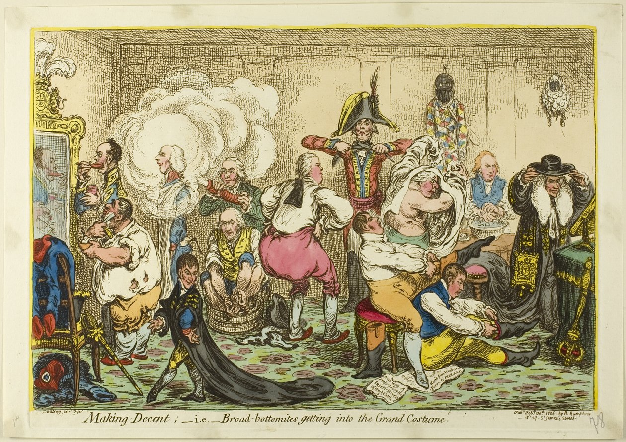 At gøre sig anstændig; dvs. brede bagdele, der kommer i det store kostume af James Gillray