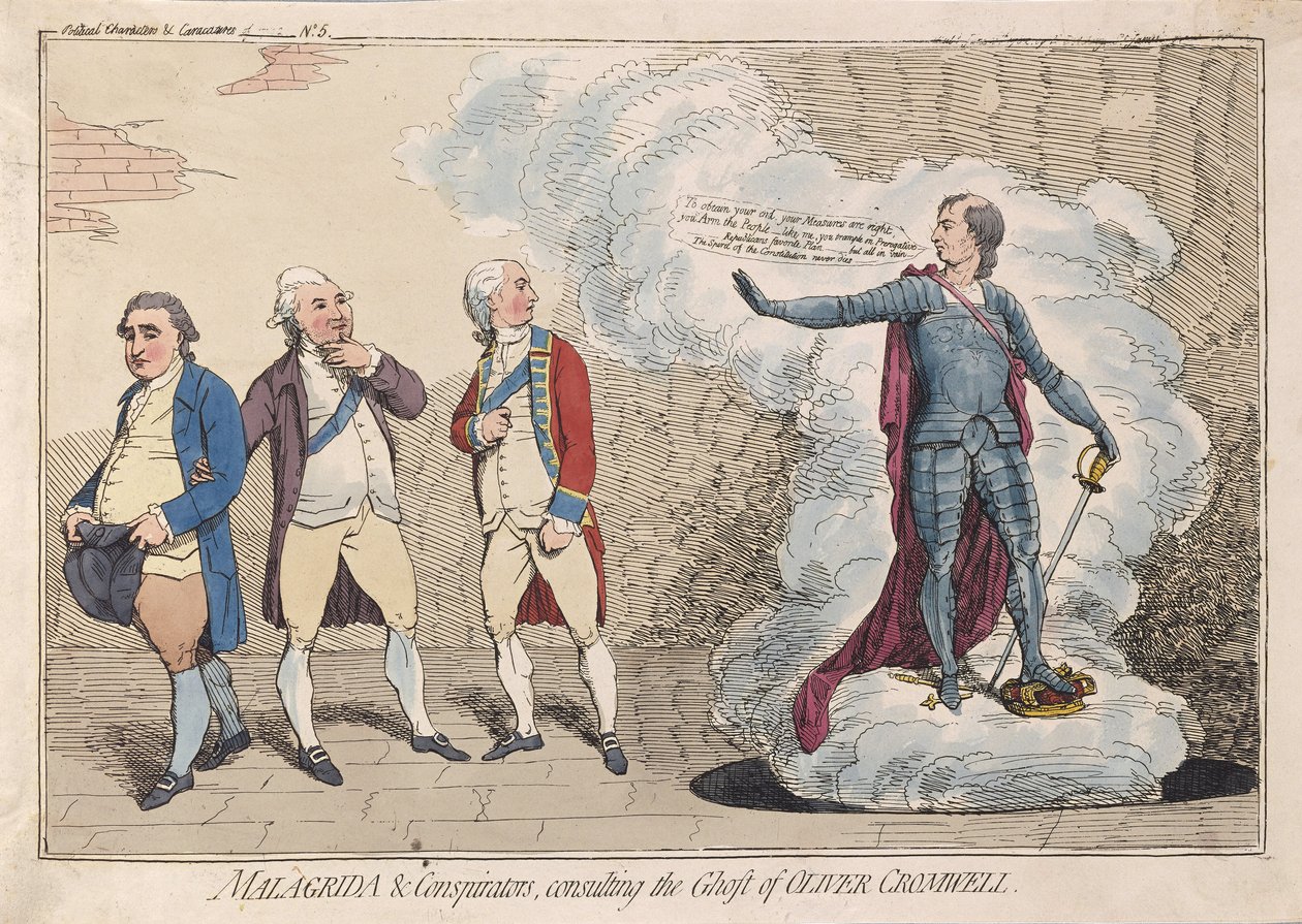 Malagrida & Conspirators, konsulterer Ghost of Oliver Cromwell, pub. 1782 (håndfarvet gravering) af James Gillray
