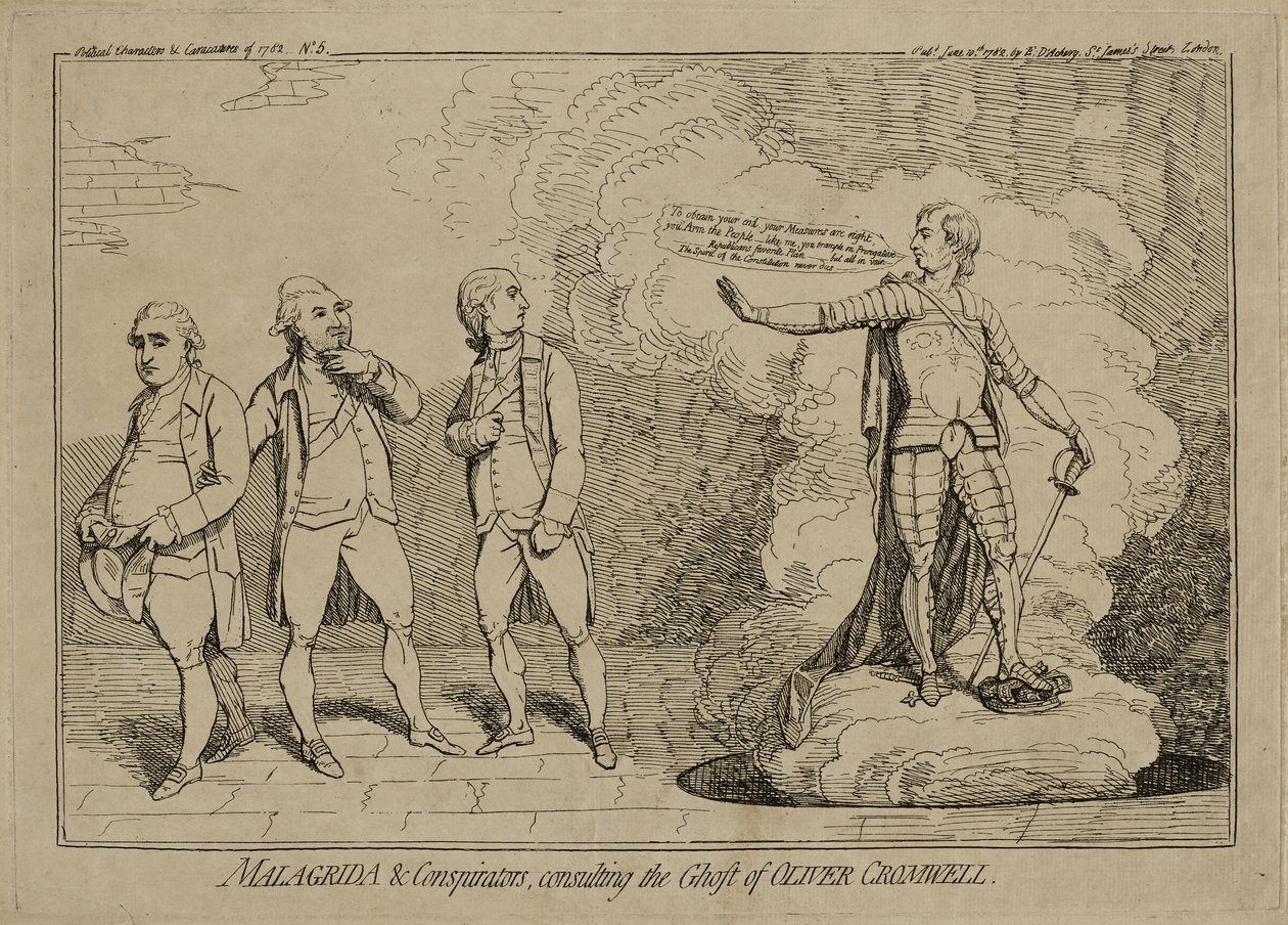 Malagrida and Conspirators, Consulting the Ghost of Oliver Cromwell, udgivet 10. juni 1782 (radering på lagt papir indlagt på vævet papir) af James Gillray