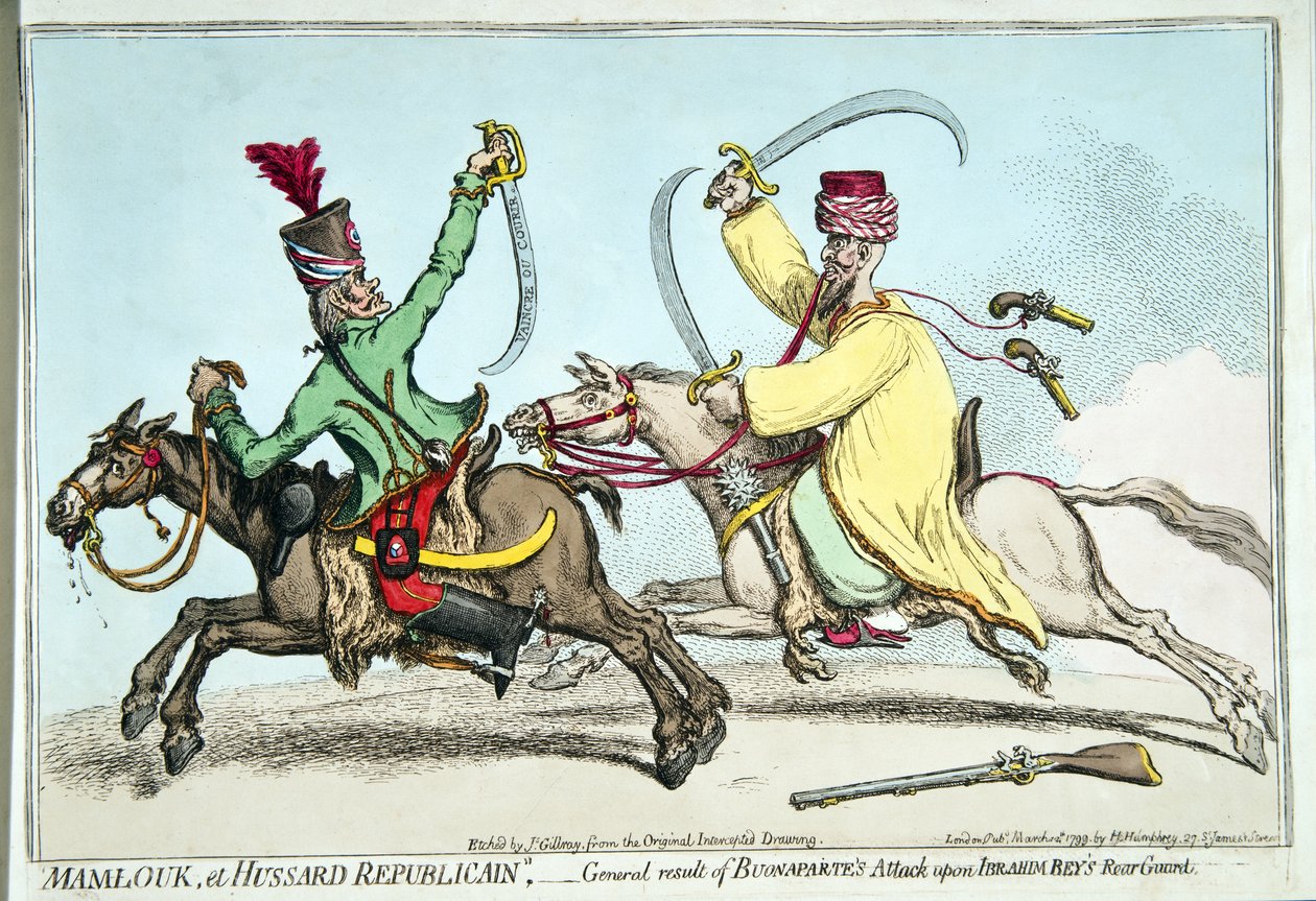 Mamlouk et Hussard Republicain, eller generelt resultat af Bonapartes angreb på Ibrahim Beys bagvagt, udgivet af Hannah Humphrey i 1799 (håndfarvet radering) af James Gillray