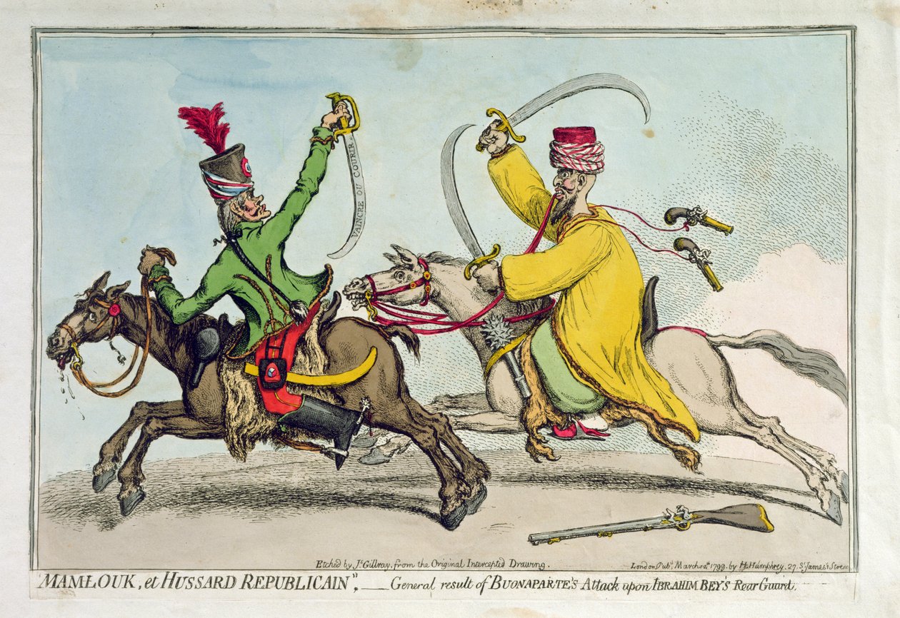 Mamlouk et Hussard Republicain, eller generelt resultat af Bonapartes angreb på Ibrahim Beys (1735-1817) bagvagt, udgivet af Hannah Humphrey i 1799 (håndfarvet radering) af James Gillray