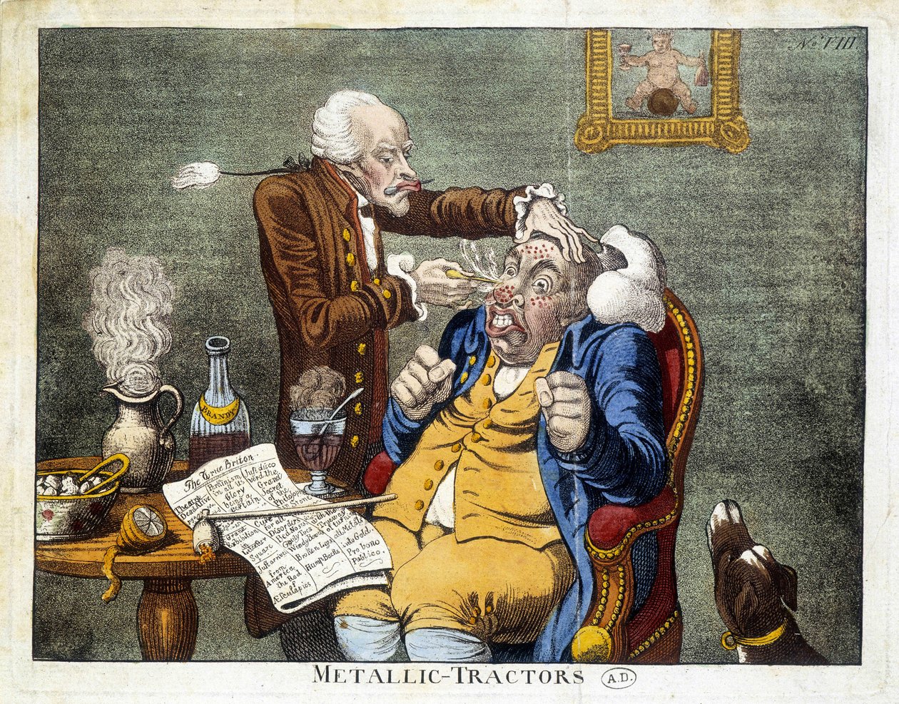 Mand får knapperne fjernet fra ansigtet af James Gillray