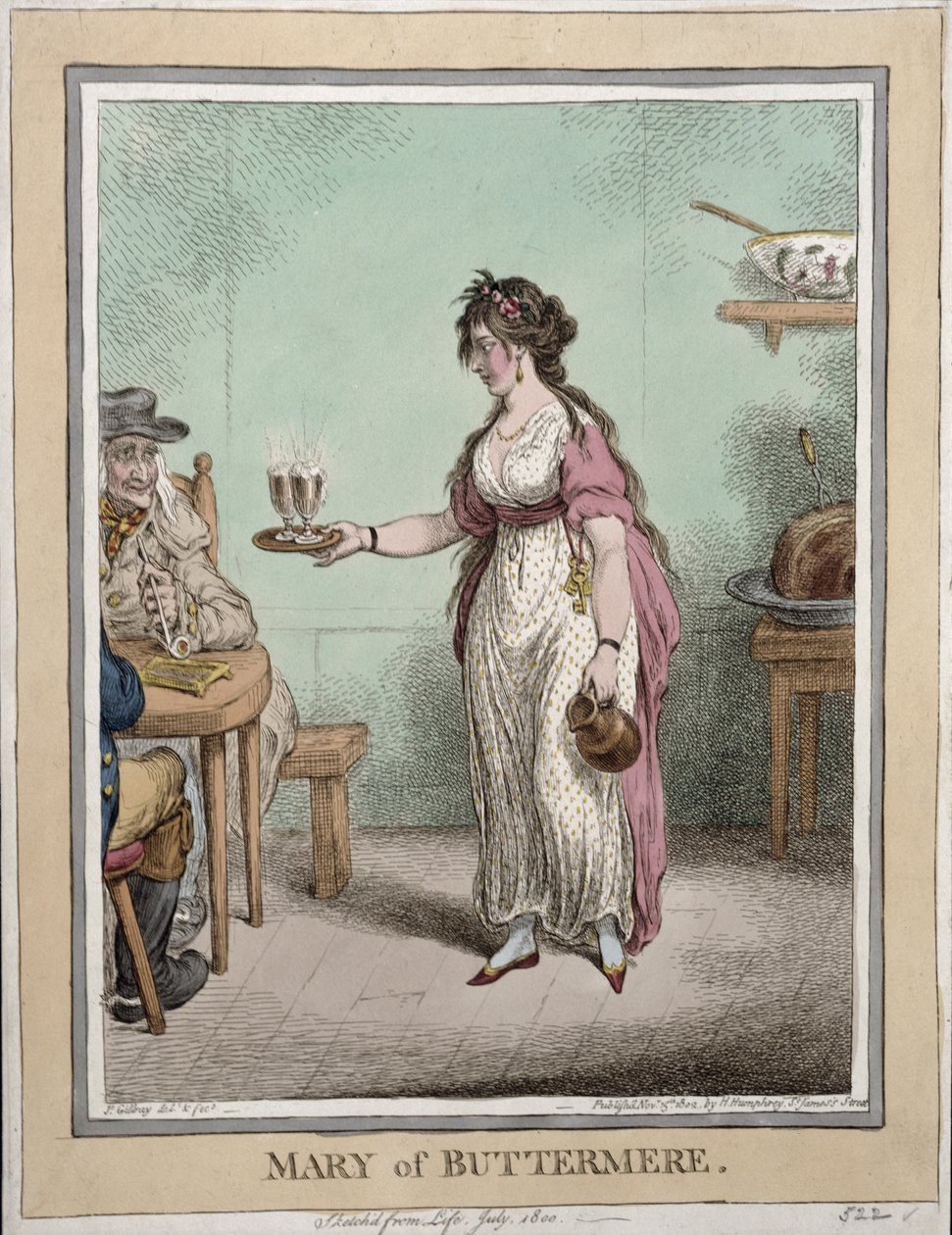 Mary of Buttermere, skitseret fra livet i juli 1800, udgivet af Hannah Humphrey i 1802 (håndfarvet radering) af James Gillray