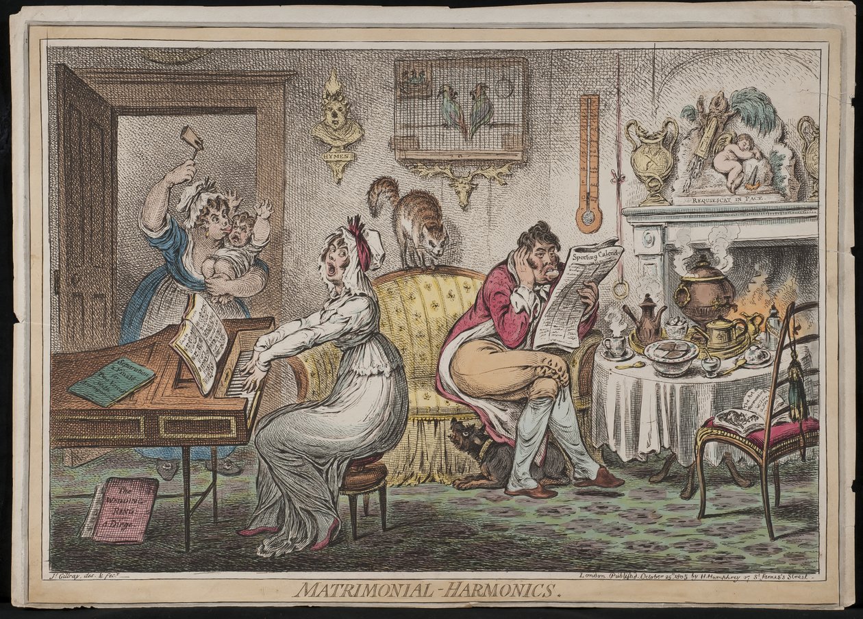 Matrimonial Harmonics, udgivet af Hannah Humphrey, 1805 (håndfarvet radering) af James Gillray