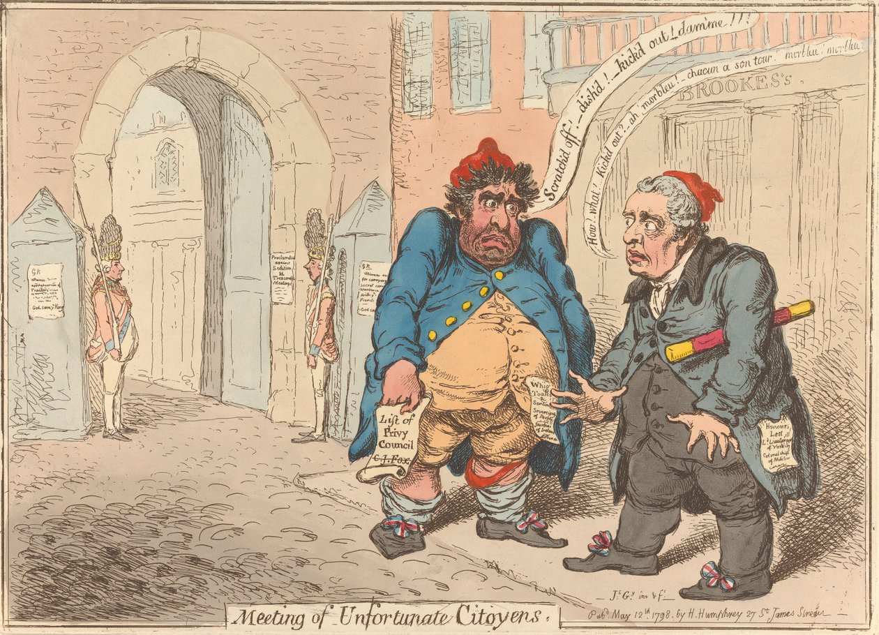 Møde mellem ulykkelige borgere. «To vanærede patrioters fortvivlelse» af James Gillray
