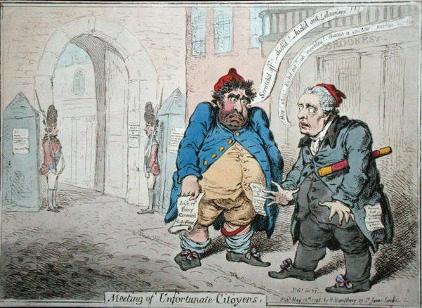 Meeting of Unfortunate Citoyens, udgivet af Hannah Humphrey i 1798 (håndfarvet radering) af James Gillray