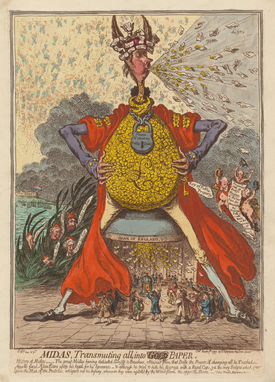 Midas, der transmitterer alt til papir af James Gillray