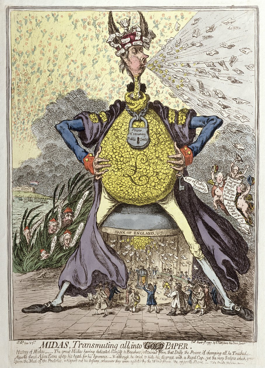 Midas Transmuting all into Gold Paper, udgivet af Hannah Humphrey i 1797 (håndfarvet radering) af James Gillray