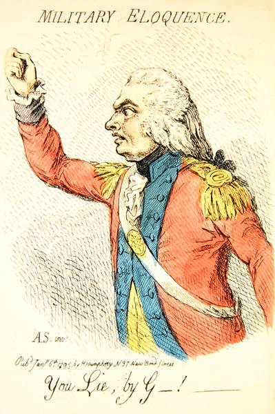 Military Eloquence, en af otte vignetter, der skildrer forskellige typer veltalenhed, udgivet af Hannah Humphrey i 1795 (håndkoloreret gravering) (detaljer fra 191281) af James Gillray