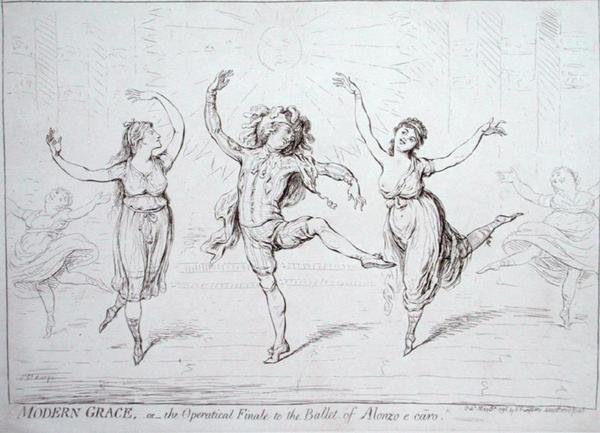 Modern Grace, eller Operatical Finale to the Ballet of Alonzo e caro, udgivet af Hannah Humphrey i 1796 (pen og blæk på papir) af James Gillray