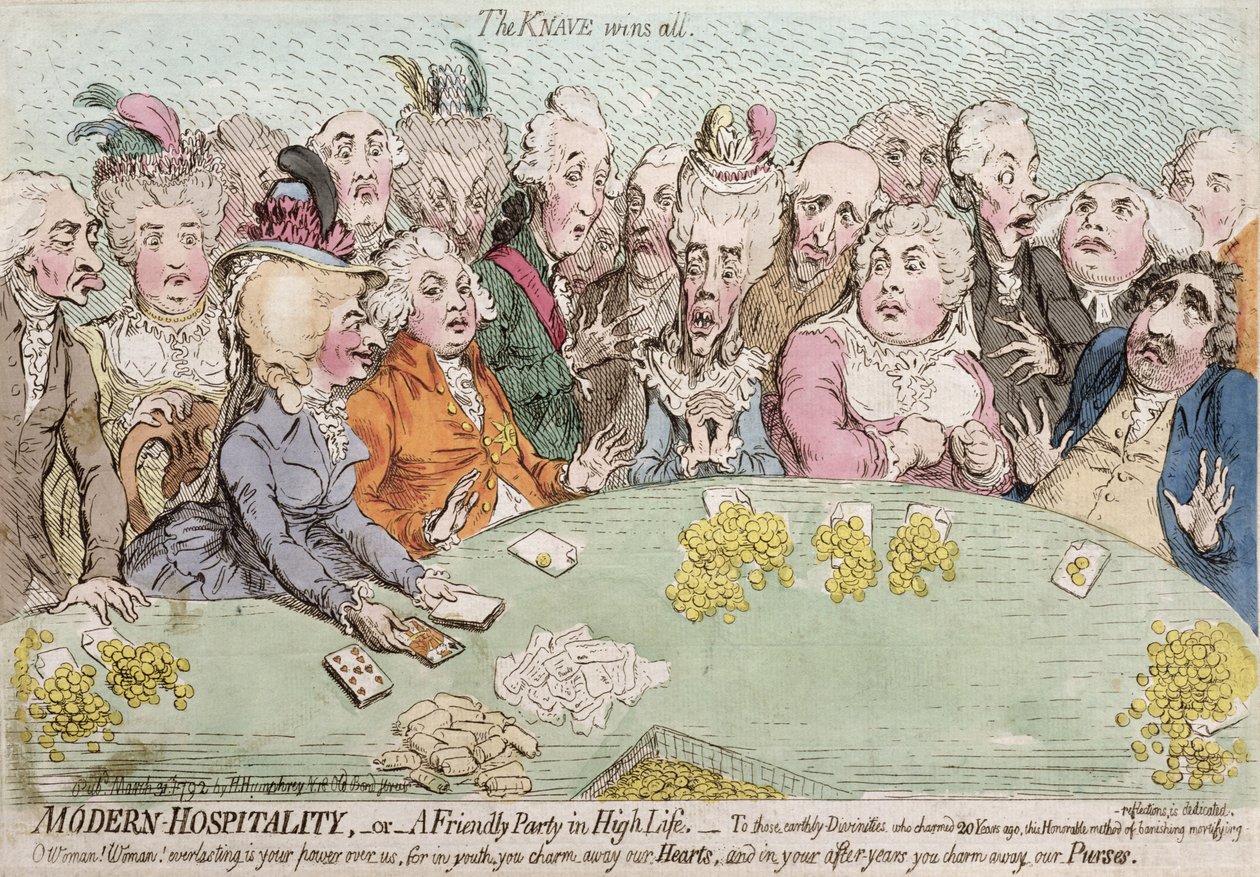 Modern Hospitality, or A Friendly Party in High Life, udgivet af Hannah Humphrey i 1792 (håndkoloreret radering) af James Gillray