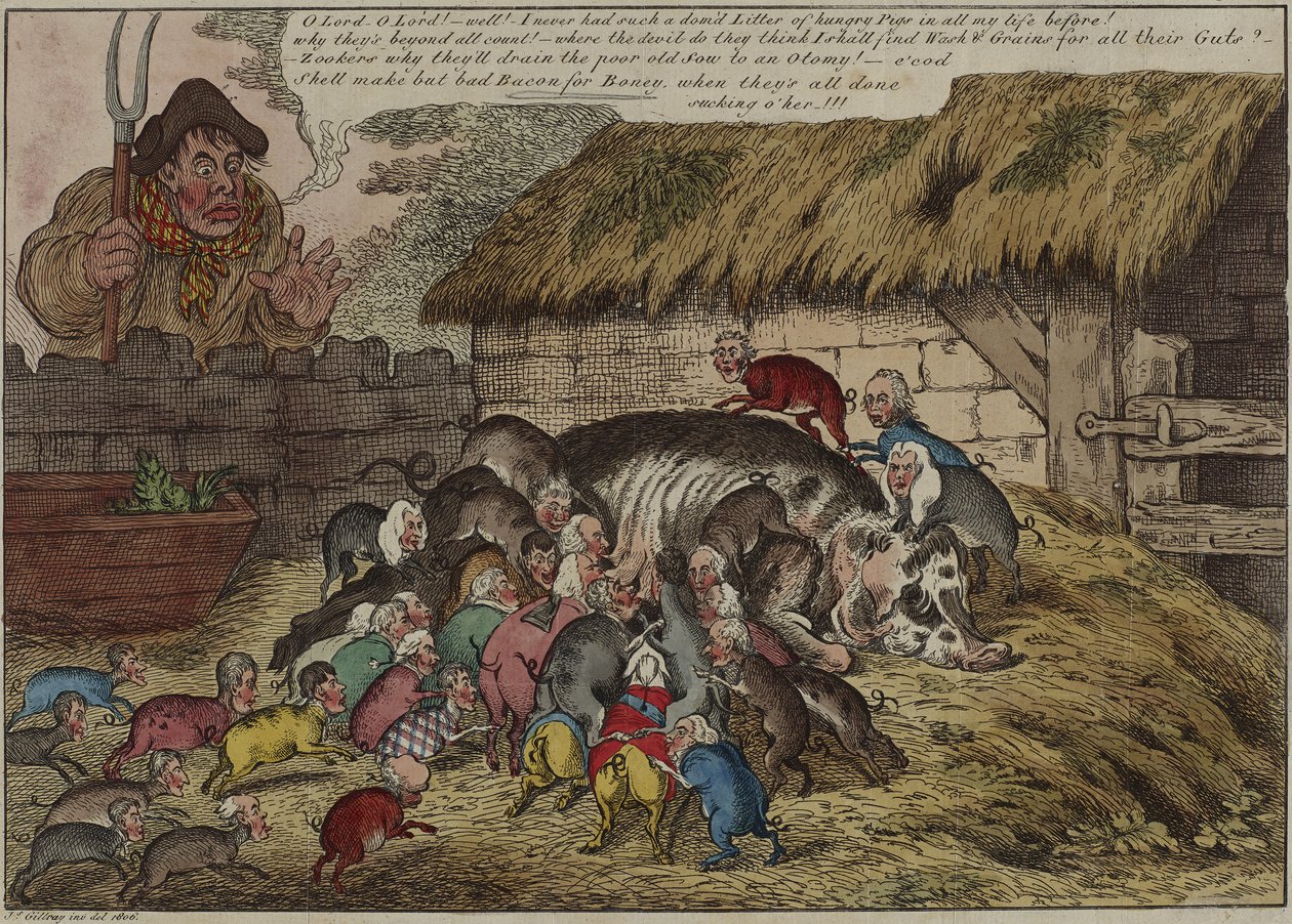 Flere grise end patter, eller – det nye kuld af sultne gryntere, der suger John Bulls gamle so til døde, 9. maj af James Gillray