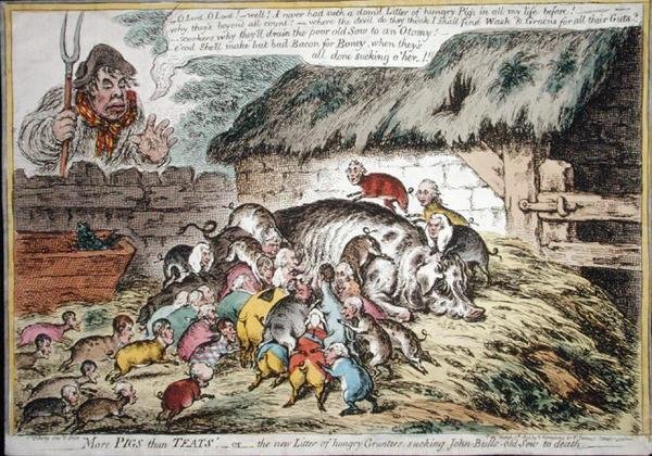 Flere svin end patter, udgivet af Hannah Humphrey i 1806 (håndfarvet radering) af James Gillray
