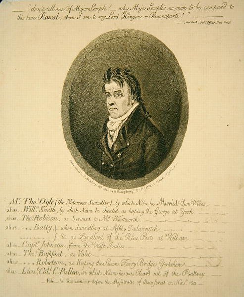 Mr. Thomas Ogle, den berygtede svindler, udgivet af Hannah Humphrey af James Gillray