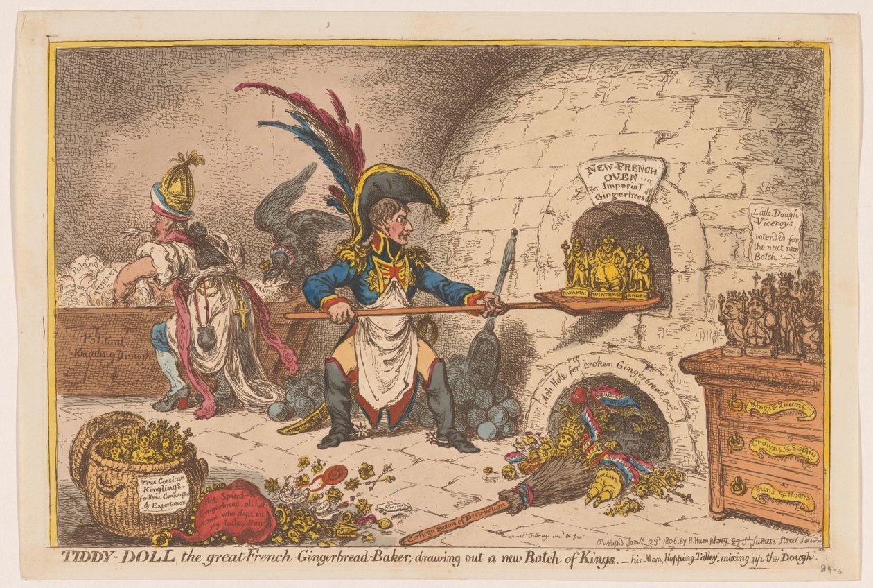 Napoleon bager en ny del af konger, 1806 Tiddy-Doll, den store fransk-honningkage-bager; udtrækning af en ny Batch of Kings (titel på objekt) af James Gillray