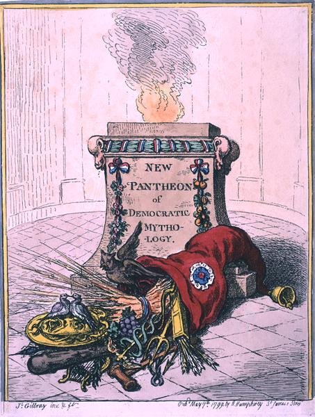 New Pantheon of Democratic Mythology, udgivet af Hannah Humphrey i 1799 (håndkoloreret radering) af James Gillray