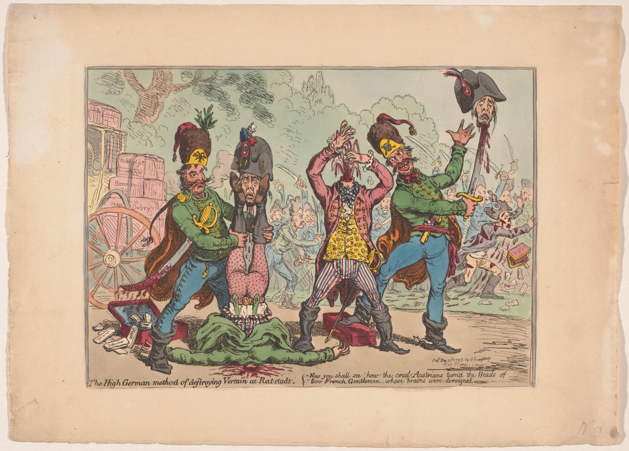 Østrigsk behandling af de franske udsendinge, 1799 Den højtyske metode til at ødelægge skadedyr ved Rat-stadt (titel på objekt) af James Gillray