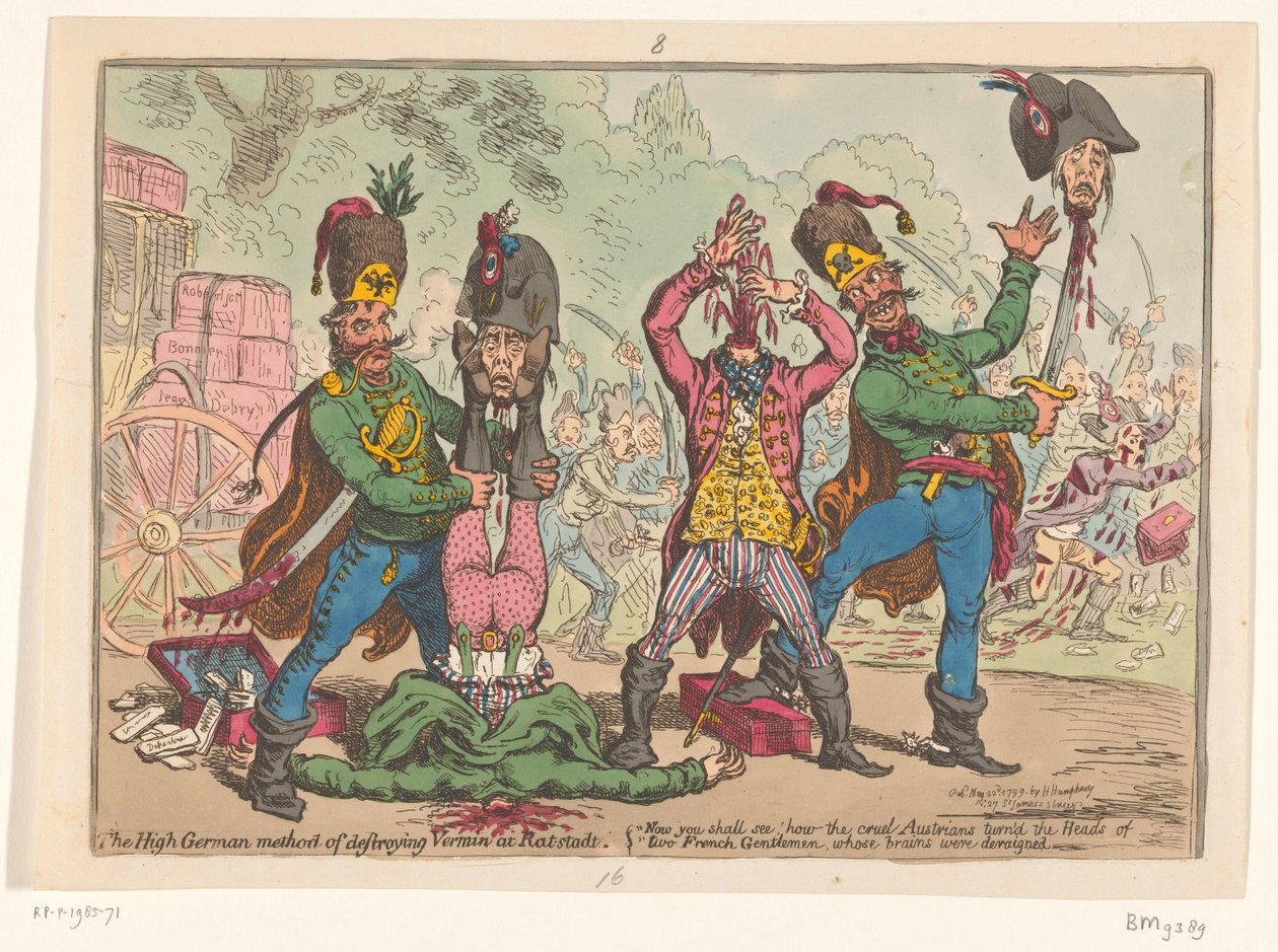 Østrigsk behandling af de franske udsendinge, 1799 Den højtyske metode til at ødelægge skadedyr ved Rat-stadt (titel på objekt) af James Gillray