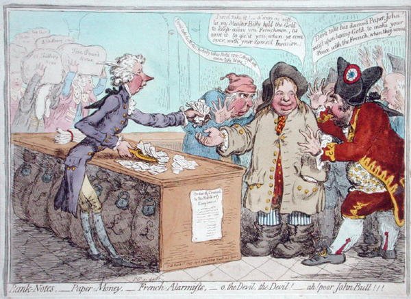 Åbning af budgettet, eller John Bull giver sine ridebukser for at redde sin Bacon, udgivet af Hannah Humphrey i 1796 (håndfarvet radering) af James Gillray